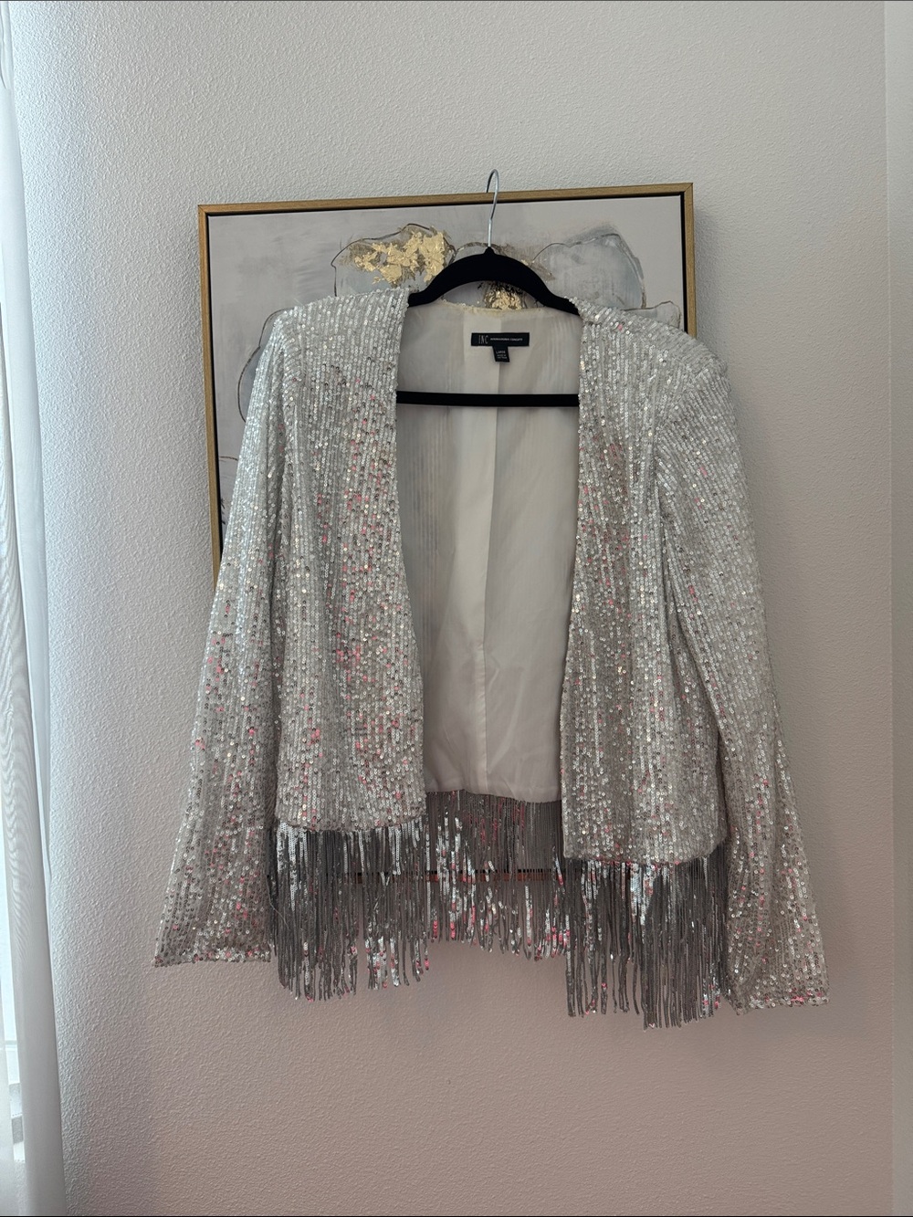 6/14 INC International Concepts Silver Sequin Fringe Open Blazer